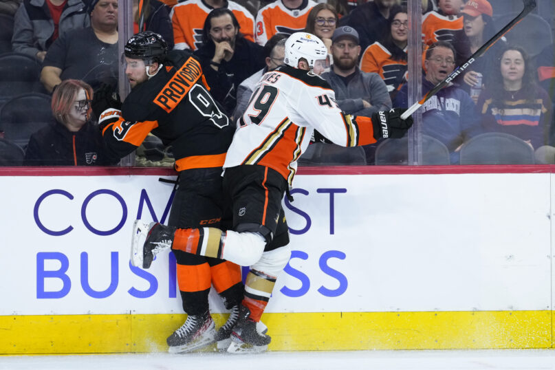 Philadelphia Flyers' Ivan Provorov, left, and Anaheim Ducks' Max Jones collide during the third period of an NHL hockey game, Tuesday, Jan. 17, 2023, in Philadelphia. (AP Photo/Matt Slocum)