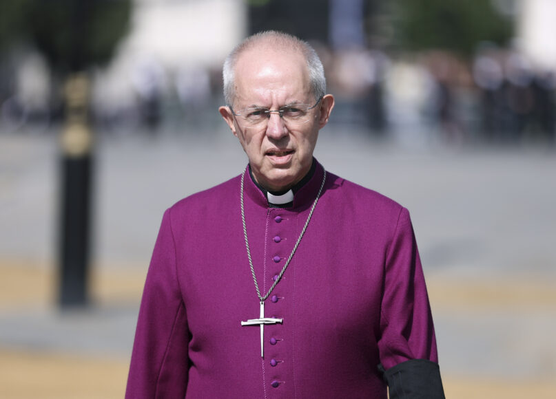 The Archbishop of Canterbury Justin Welby walks in Westminster on Sept. 14, 2022. The Church of England said Wednesday, Jan. 18, 2023, it will allow blessings for same-sex, civil marriages for the first time — but its position on gay marriage will not change and same-sex couples will still not be able to marry in its churches. The plans, to be outlined in a report to the General Synod, which meets in London next month, came after five years of debate and consultation on the church's position on sexuality. (Richard Heathcote/Pool Photo via AP)