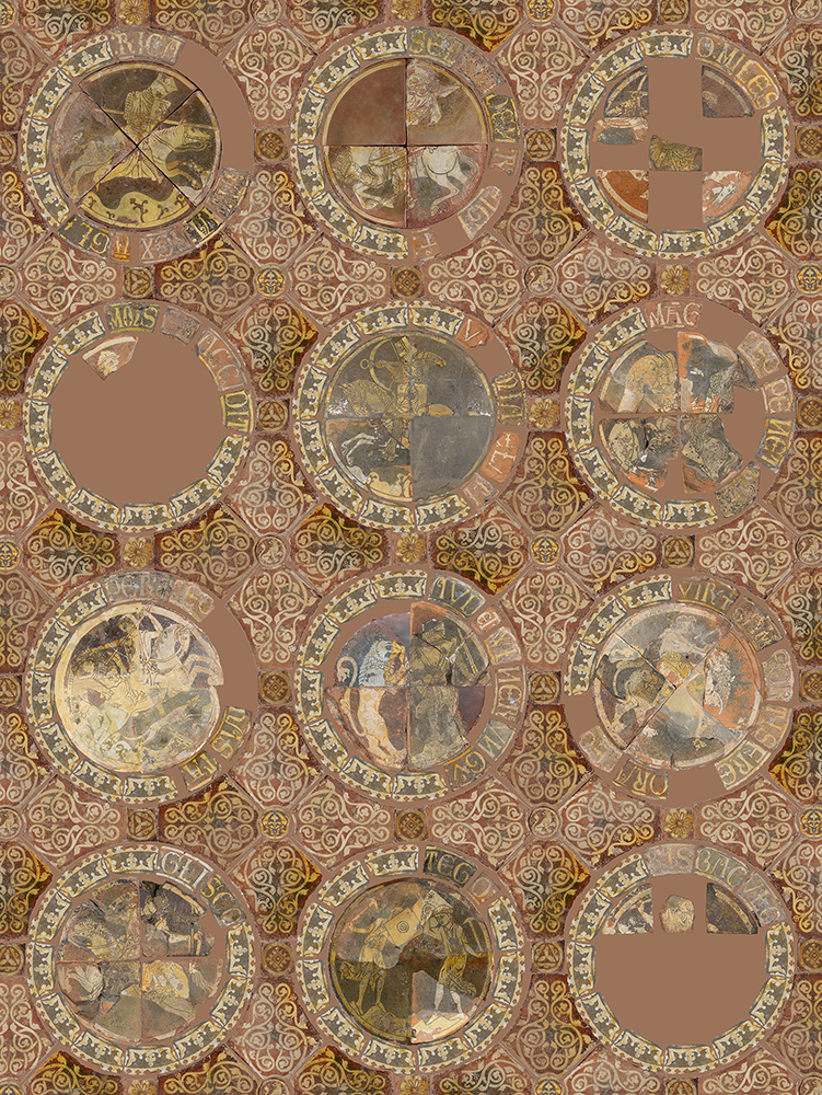 Digital reconstruction of the Chertsey combat tile mosaic pavement. Photographic composite showing roundels surrounded by partial Latin texts. Photo © Janis Desmarais and Amanda Luyster