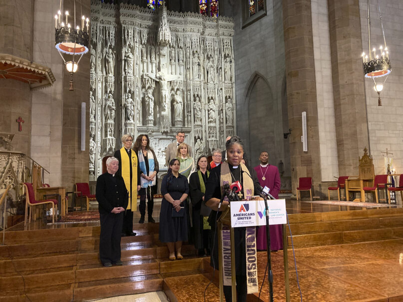 The Rev. Traci Blackmon speaks during a news conference on Jan. 19, 2023, at Christ Church Cathedral in St. Louis. A group of religious leaders who support abortion rights has filed a lawsuit challenging Missouri’s law that bans abortions in nearly all cases, saying lawmakers openly invoked their religious beliefs while drafting the measure and thereby imposed those beliefs on others who don’t share them.  (AP Photo/Jim Salter)