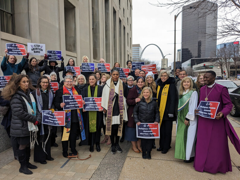 A group of religious leaders challenging Missouri’s abortion law poses together Thursday, Jan. 19, 2023, in St. Louis, Mo. Photo courtesy of Americans United