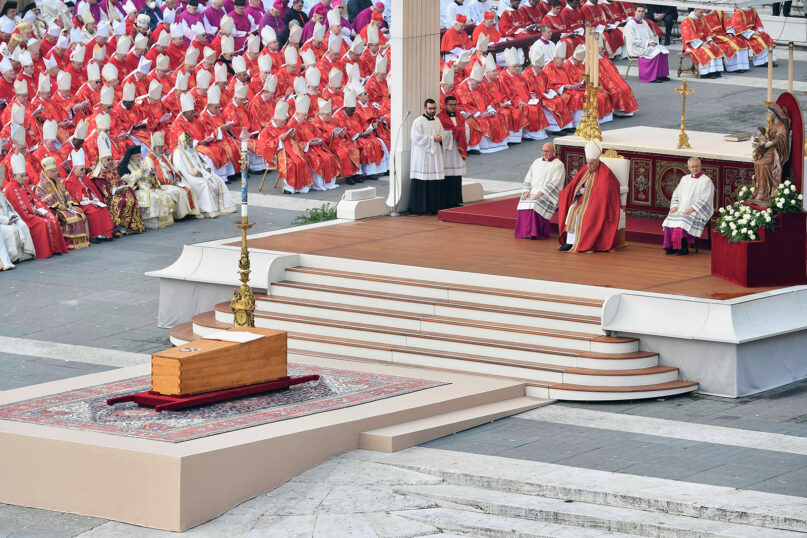 Pope Francis, right, presides over the funeral Mass of Emeritus Pope Benedict XVI in St. Peter's Square at the Vatican, Jan. 5, 2023. (Vatican Media)