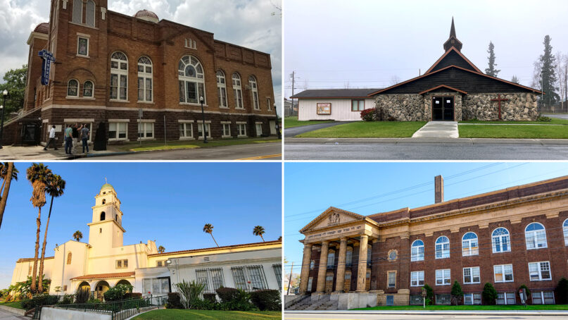 Sixteenth Street Baptist Church in Birmingham, Alabama, clockwise from top left, Leake Temple African Methodist Episcopal Zion Church in Anchorage, Alaska, Cory United Methodist Church in Cleveland, Ohio, Congregational Church of Christian Fellowship in Los Angeles, California. Courtesy images