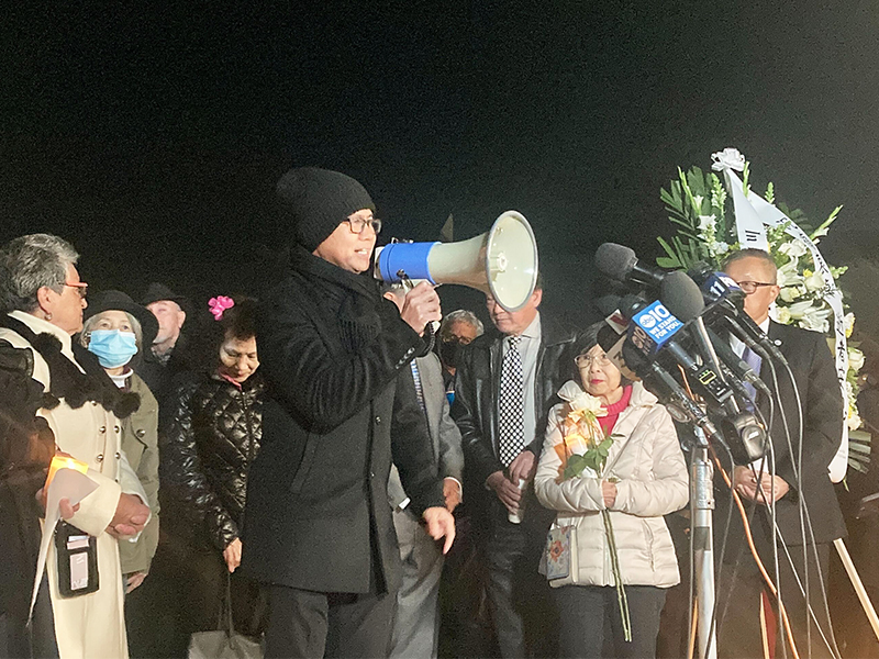 The Rev. Joseph Magdaong addresses a candlelight vigil at Monterey Park City Hall on Monday night, Jan. 23, 2023. RNS photo by Alejandra Molina