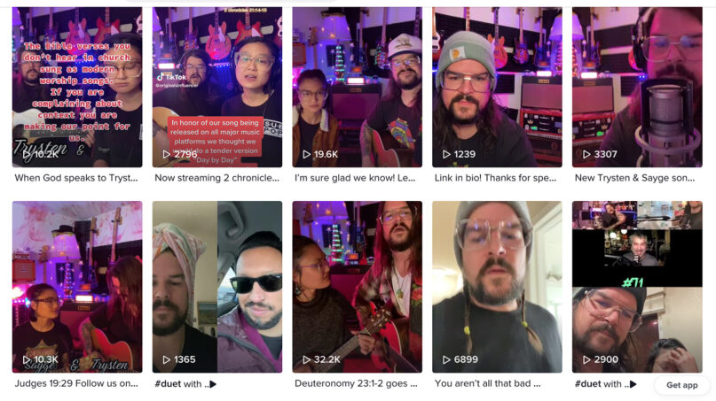 Recent TikTok posts by Prezleigh and Joshua Colburn, who write and record worship parodies under the names Sayge and Trysten. Screen grab