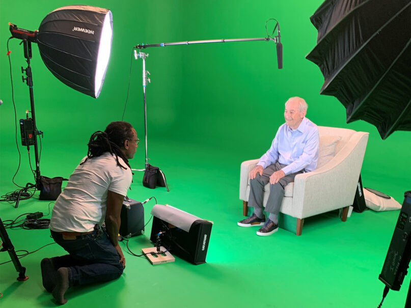 Holocaust survivor David Schaecter, right, sits for a Dimensions in Testimonies recording of his life story in January 2023. Photo courtesy of Jody Kipnis