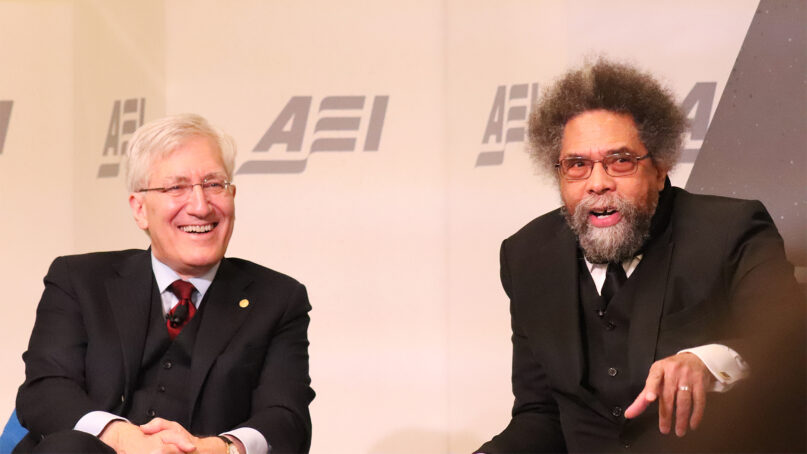 Robert P. George, left, and Cornel West participate in a discussion titled “From January 6 to Ephesians 6: Strengthening the Pillars of American Democracy” at the American Enterprise Institute on Friday, Jan. 6, 2023, in Washington. RNS photo by Adelle M. Banks