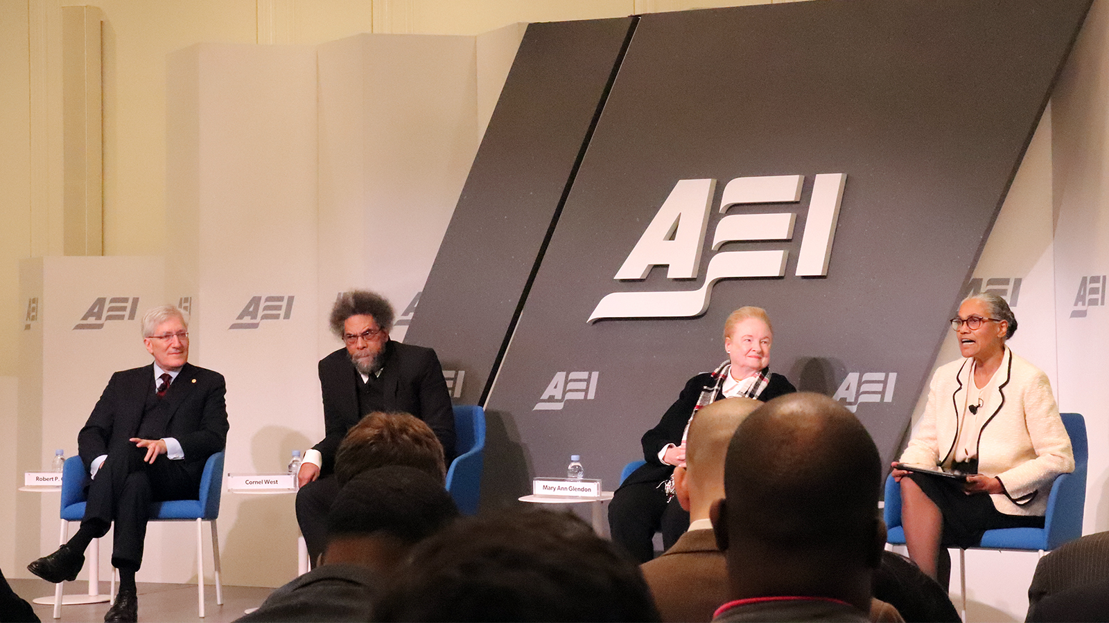 Robert P. George, from left, Cornel West, Mary Ann Glendon and moderator Jacqueline C. Rivers at the American Enterprise Institute on Friday, Jan. 6, 2023, in Washington. RNS photo by Adelle M. Banks