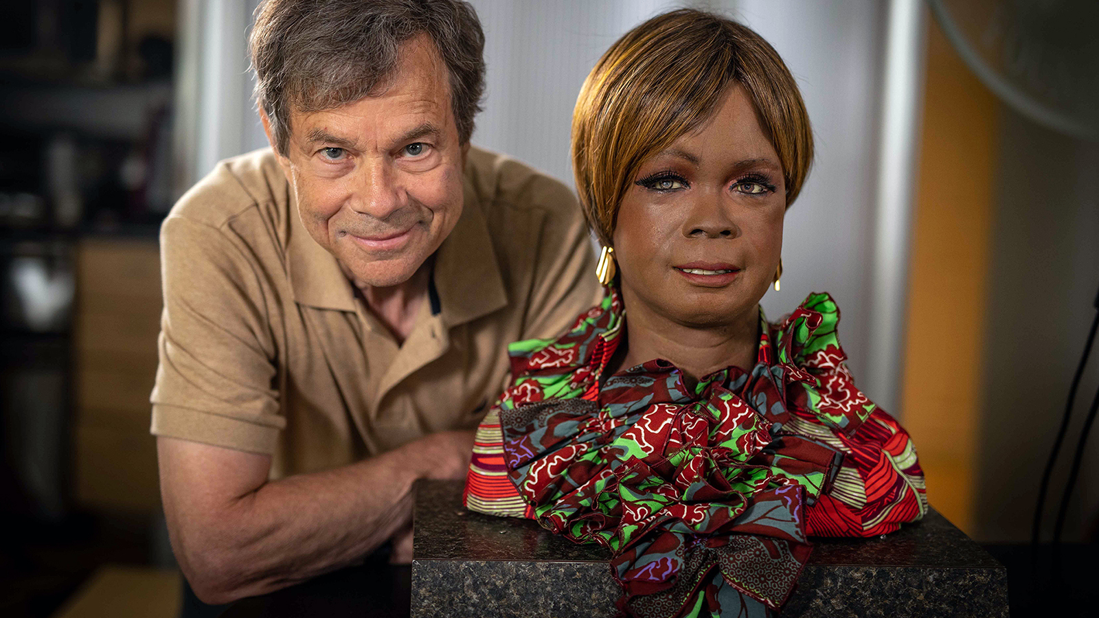 Alan Lightman, left, meets Bina48, one of Earth’s most advanced humanoid robots and one of the few African-American AIs on "SEARCHING: Our Quest for Meaning in the Age of Science." Photo courtesy of SEARCHING