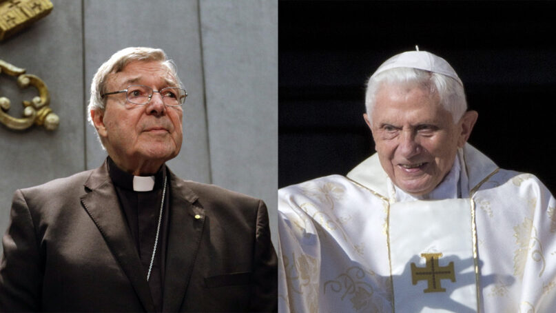 Cardinal George Pell in 2017, left, and Pope Emeritus Benedict XVI in 2014. (AP Photos)