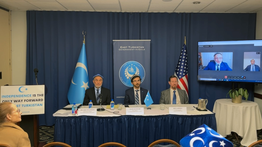 Dr. Aziz Sulayman, from left, Acting Foreign Minister of the East Turkistan Government in Exile; Salih Hudayar, Prime Minister of the East Turkistan Government in Exile and leader of the East Turkistan National Movement; Ben Lowsen, U.S. Army, Retired and Independent Researcher; Ghulam Yaghma, President of the East Turkistan Government in Exile; Dr. Mamtimin Ala - Strategic Advisor of the East Turkistan Government in Exile and author of "Worse than Death: The Uyghur Genocide" participate in a press conference Thursday, Jan. 19, 2023. Video screen grab