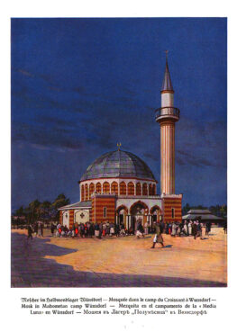 Illustration of the mosque at Halbmondlager, "Half Moon Camp."(Illustration from Die Kriegsgefangenen in Deutschland, Siegen, 1915. Germany.)