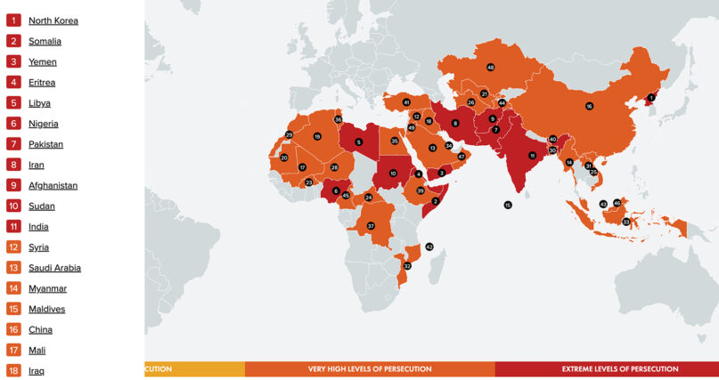 A map of the 2023 World Watch List compiled by Open Doors. Screen grab