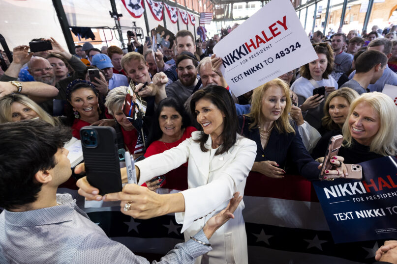 Republican presidential candidate Nikki Haley greets supporters after her speech Feb. 15, 2023, in Charleston, South Carolina. (AP Photo/Mic Smith)