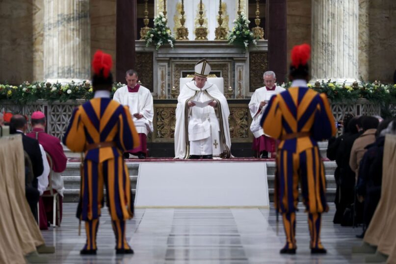 Pope Francis leads the second vespers service at St. Paul's Basilica on Jan. 25, 2023, in Rome. (Alessandra Benedetti/Corbis via Getty Images)