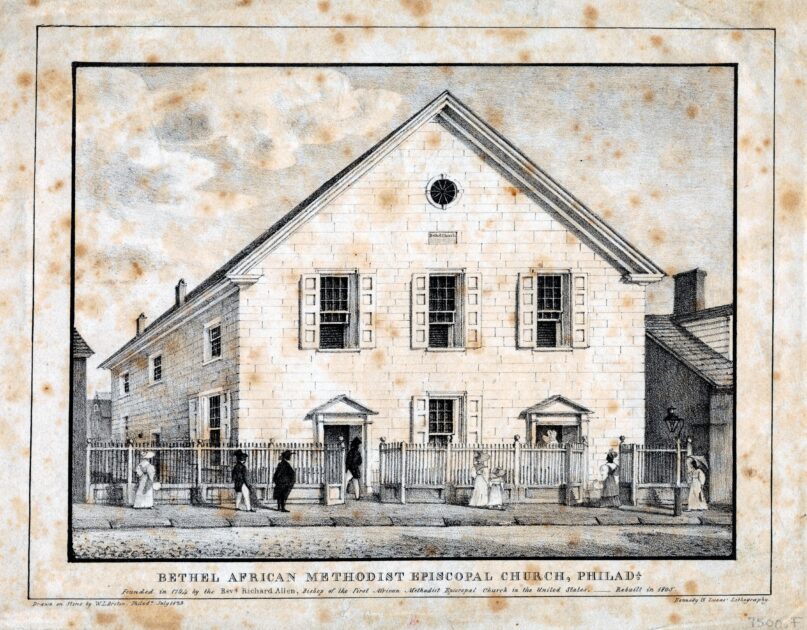 The exterior view of the Bethel African American Methodist Episcopal Church at 125 S. 6th St. in Philadelphia. (Breton, William L., circa 1773-1855 Artist via the Library of Congress, World Digital Library)