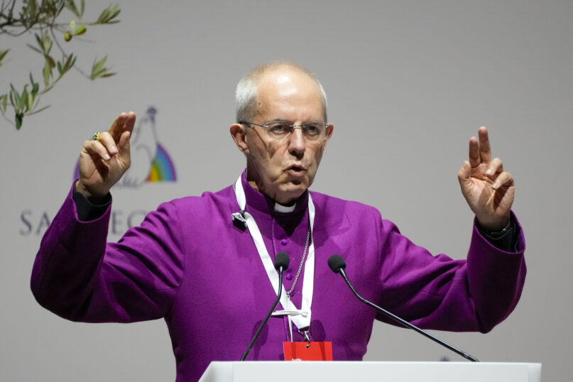 FILE - Archbishop of Canterbury Justin Welby speaks at an interreligious meeting in Rome on Oct. 6, 2021. A group of Anglican bishops from Africa, Asia, Latin America and the Pacific said Monday that they no longer recognize Archbishop of Canterbury Justin Welby as their leader, deepening a rift within the global Anglican Communion over gay marriage. (AP Photo/Gregorio Borgia, File)