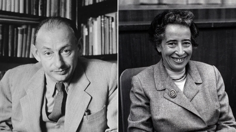 Gershom Scholem in 1947, left, and Hannah Arendt in 1958. (Scholem photo courtesy of the National Library of Israel, Abraham Schwadron Collection. Arendt photo by Barbara Niggl Radloff/Münchner Stadtmuseum/Wikimedia)