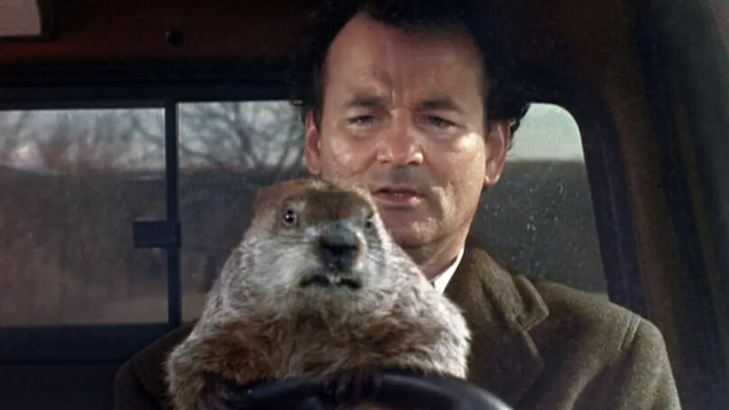 Actor Bill Murray, with the groundhog Punxsutawney Phil, plays a cynical weatherman in the 1993 film “Groundhog Day.” Photo courtesy of Columbia Pictures