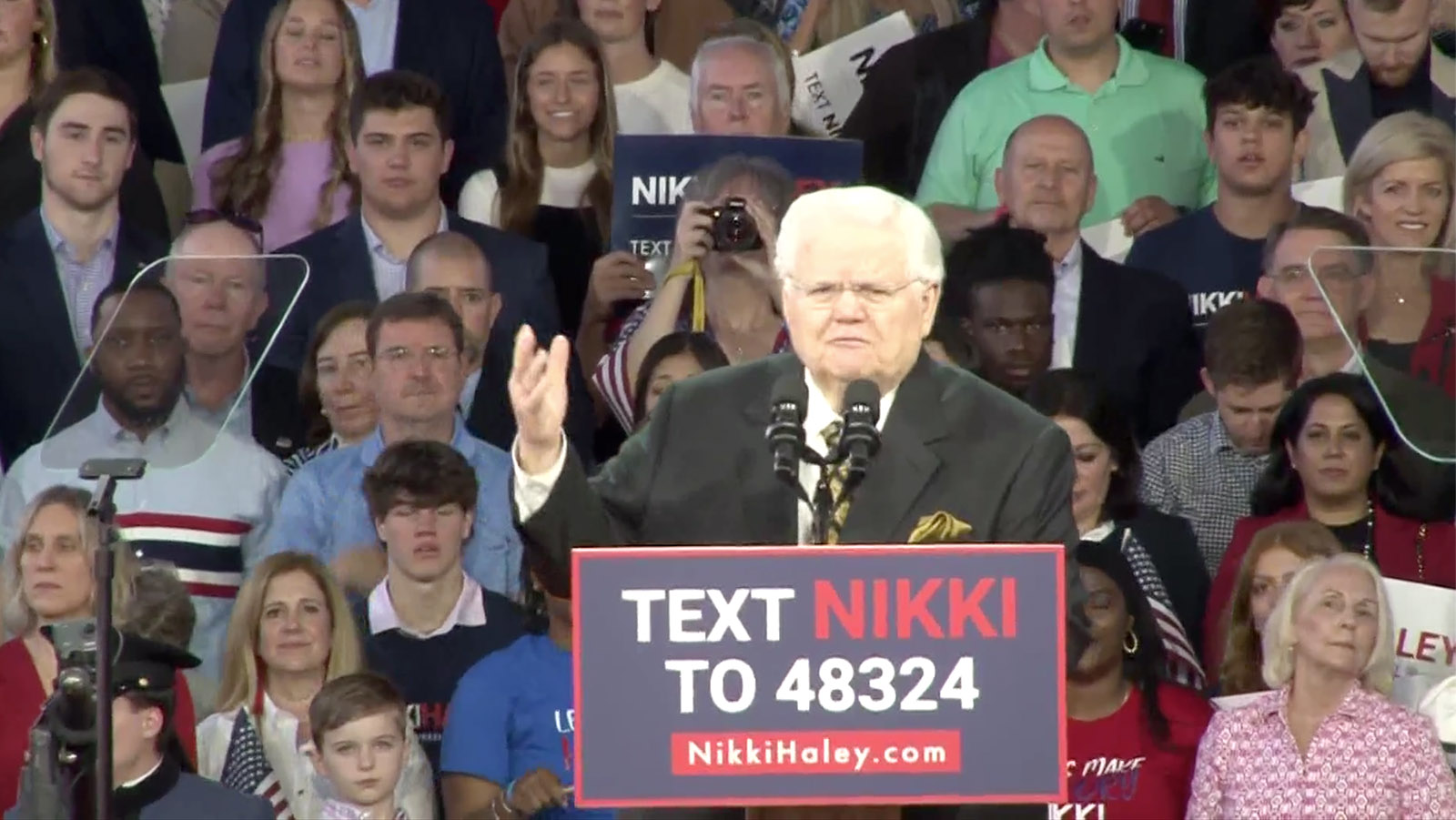 The Rev. John Hagee offers a prayer at the start of Nikki Haley's 2024 presidential announcement, Wednesday, Feb. 15, 2023, in Charleston, South Carolina. Video screen grab
