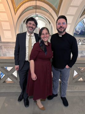 Rabbi Daniel Bogard, from left, Maharat Rori Picker Neiss and the Rev. Mike Angell pose together at the Missouri Capitol in Jefferson City, Missouri. Photo courtesy of Angell