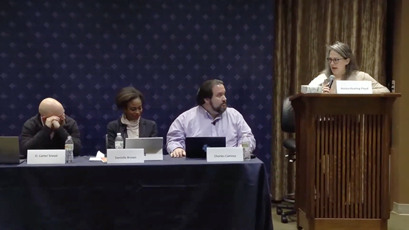 O. Carter Snead, from left, Danielle Brown and Charles Camosy participate in a panel titled "A Culture of Life in Post-Dobbs America," moderated by Jessica Keating Floyd, right, at the University of Notre Dame on Jan. 25, 2023. Video screen grab