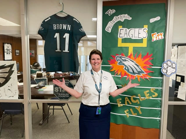 Sister Margaret decorated to show off her Eagles support, including doorways, jerseys, tickets, personal photos and other paraphernalia around the office. Courtesy Sister Margaret