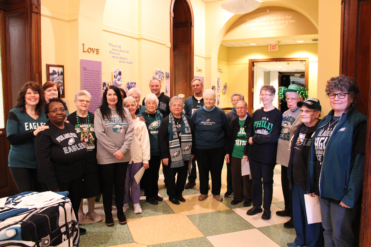 Sisters and staff gather to recite a prayer composed by Sr. Ann Marie Slavin in honor of the Birds and their upcoming trip to the Super Bowl. Courtesy of Sisters of St. Francis of Philadelphia