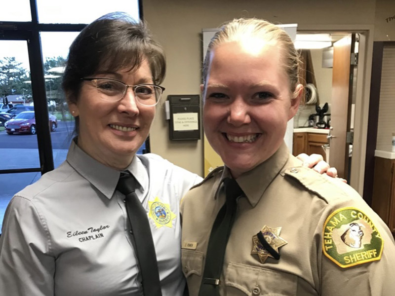 Eileen Taylor, left, is a certified law enforcement chaplain with the Tehama County, California, Sheriff’s Office, where she works with both law enforcement officials and criminals. Courtesy photo