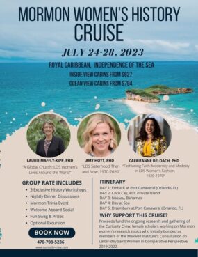 A flyer for registering for the cruise at https://www.curiosity-crew.com/store/p/bahamas-mormon-history-cruise.