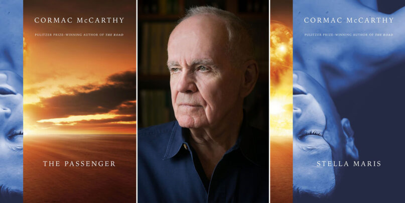 Author Cormac McCarthy with the covers of his books 