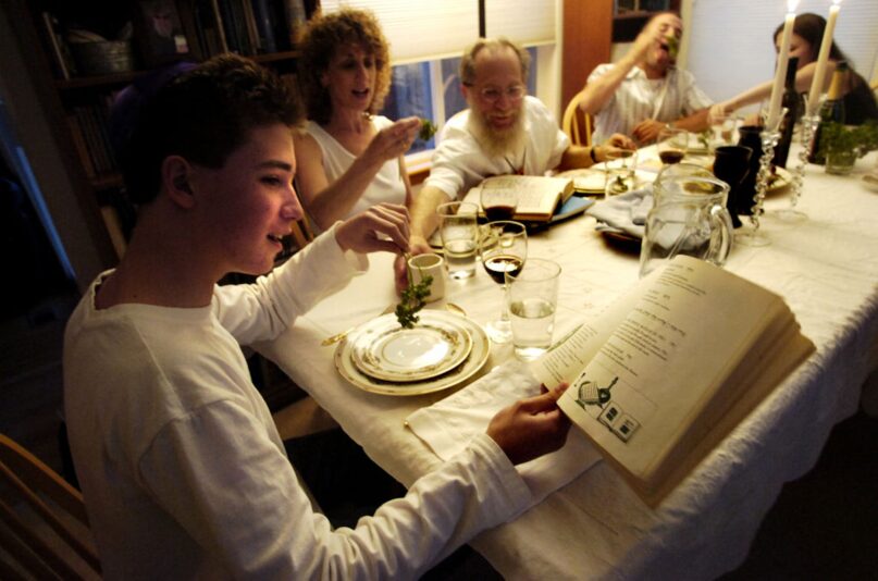 Amitai Gross reads from the Haggadah while preparing to dip parsley into salt water as part of the Passover meal, called the Seder. (Marty Caivano/Digital First Media/Boulder Daily Camera via Getty Images)