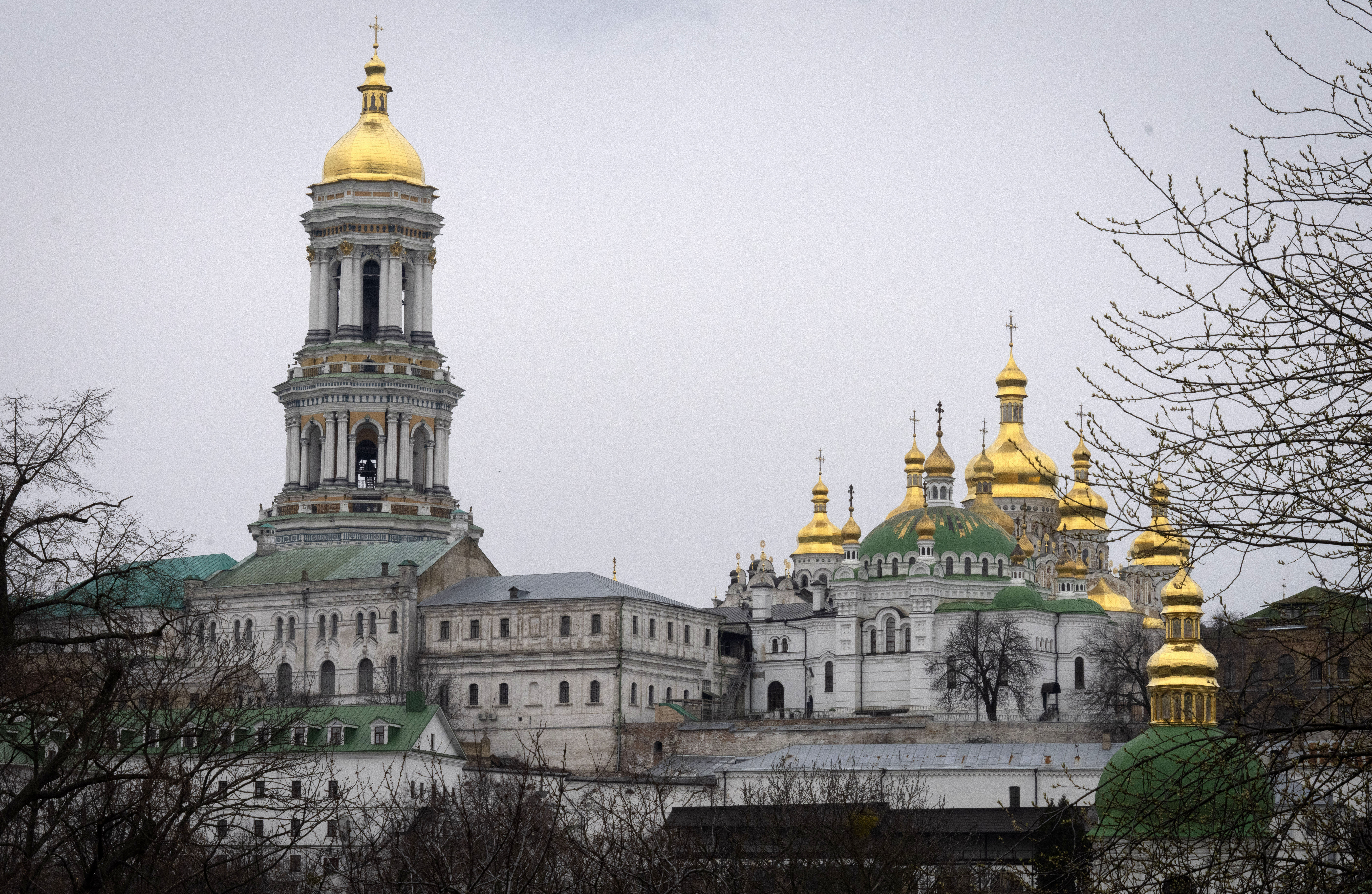 The Monastery of the Caves, also known as Kyiv-Pechersk Lavra, one of the holiest sites of Eastern Orthodox Christians, in Kyiv, Ukraine, Thursday, March 23, 2023. Tensions are on the rise at a prominent Orthodox monastery in Kyiv where the monks are facing eviction later this month. The Ukrainian government accuses the monks of links to Moscow, even though they claim to have severed ties with the Russian Orthodox Church following Russia's full-scale of invasion of Ukraine. (AP Photo/Efrem Lukatsky)