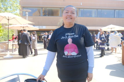 Maria Reyna outside the Cathedral of Our Lady of the Angels on Friday. Photo by Alejandra Molina