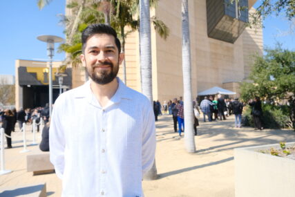 Sergio Lopez, with Catholic Relief Services, outside the Cathedral of Our Lady of the Angels in downtown L.A. Photo by Alejandra Molina