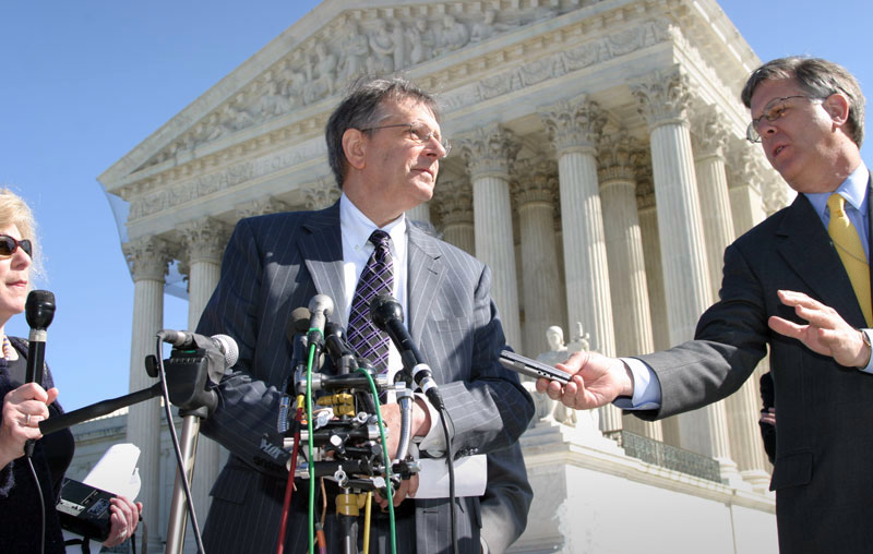 The Rev. Barry Lynn, center, speaks outside the Supreme Court in 2009. Journalists Nina Totenberg, left, and Pete Wlliams, right, await answers. Photo by Maria Matveeva