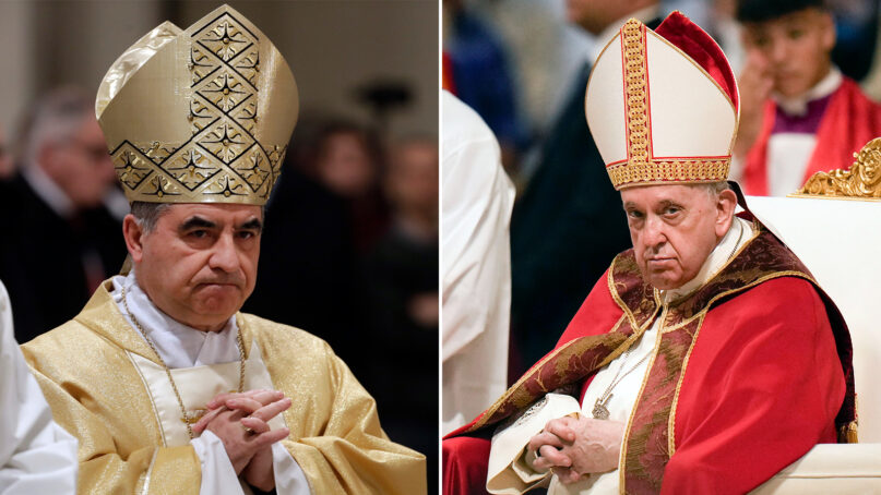 Monsignor Angelo Becciu in 2017, left, and Pope Francis in 2022. (AP Photos)