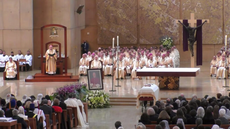 The funeral Mass for Bishop David O'Connell at the Cathedral of Our Lady of the Angels on Friday, March 3, 2023, in Los Angeles. Video screen grab