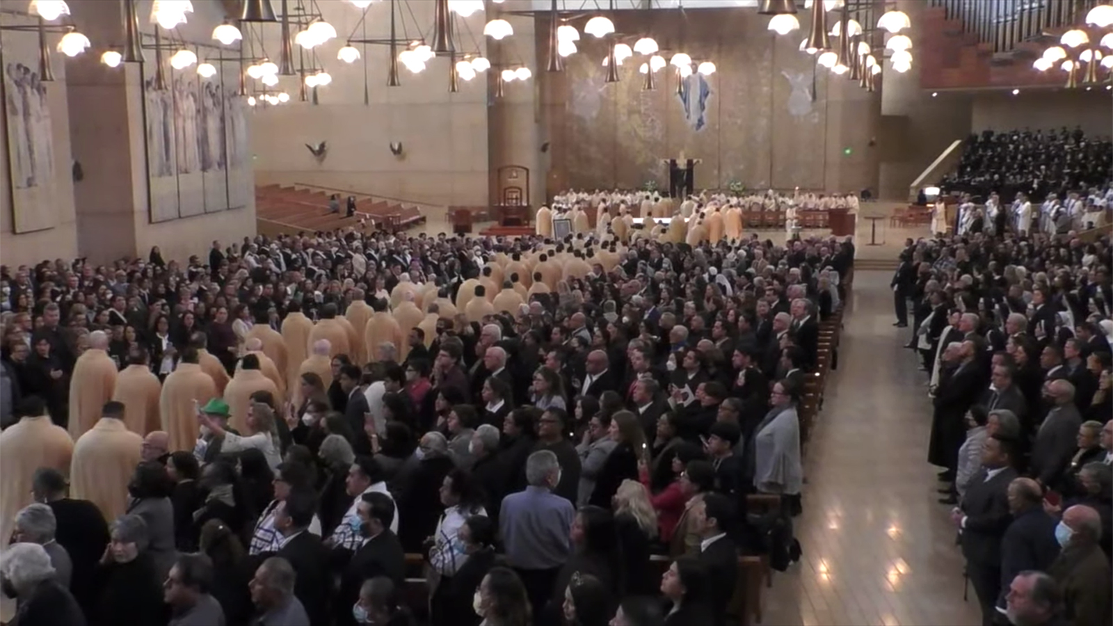 Clergy process into the Cathedral of Our Lady of the Angel at the start of the funeral Mass for Bishop David O'Connell on Friday, March 3, 2023, in Los Angeles. Video screen grab