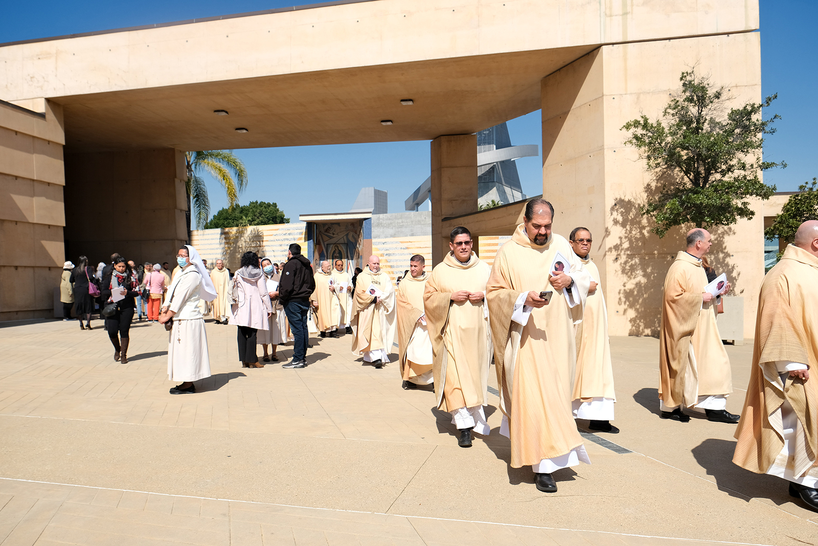 Clergy exit the Cathedral of Our Lady of the Angel after the funeral Mass for Bishop David O'Connell on Friday, March 3, 2023, in Los Angeles. RNS photo by Alejandra Molina