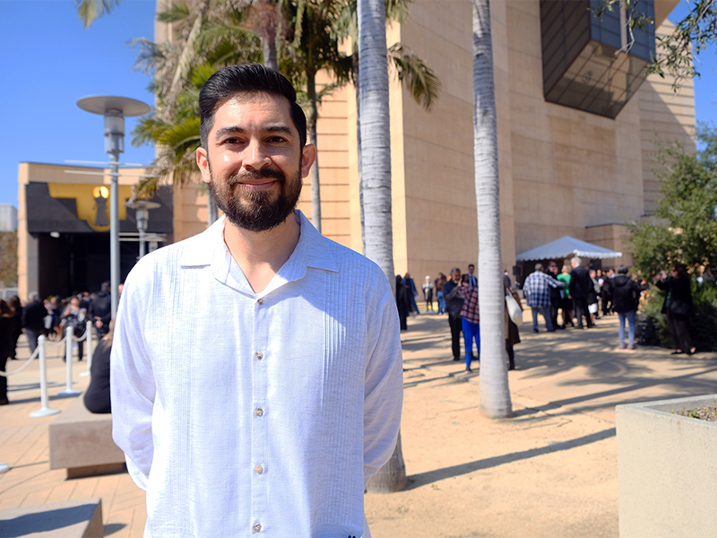 Sergio Lopez, with Catholic Relief Services, outside the Cathedral of Our Lady of the Angels in downtown Los Angeles. RNS photo by Alejandra Molina