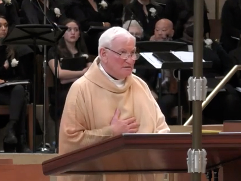 Monsignor Jarlath Cunnane speaks during the funeral Mass for Bishop David O'Connell on Friday, March 3, 2023, in Los Angeles. Video screen grab