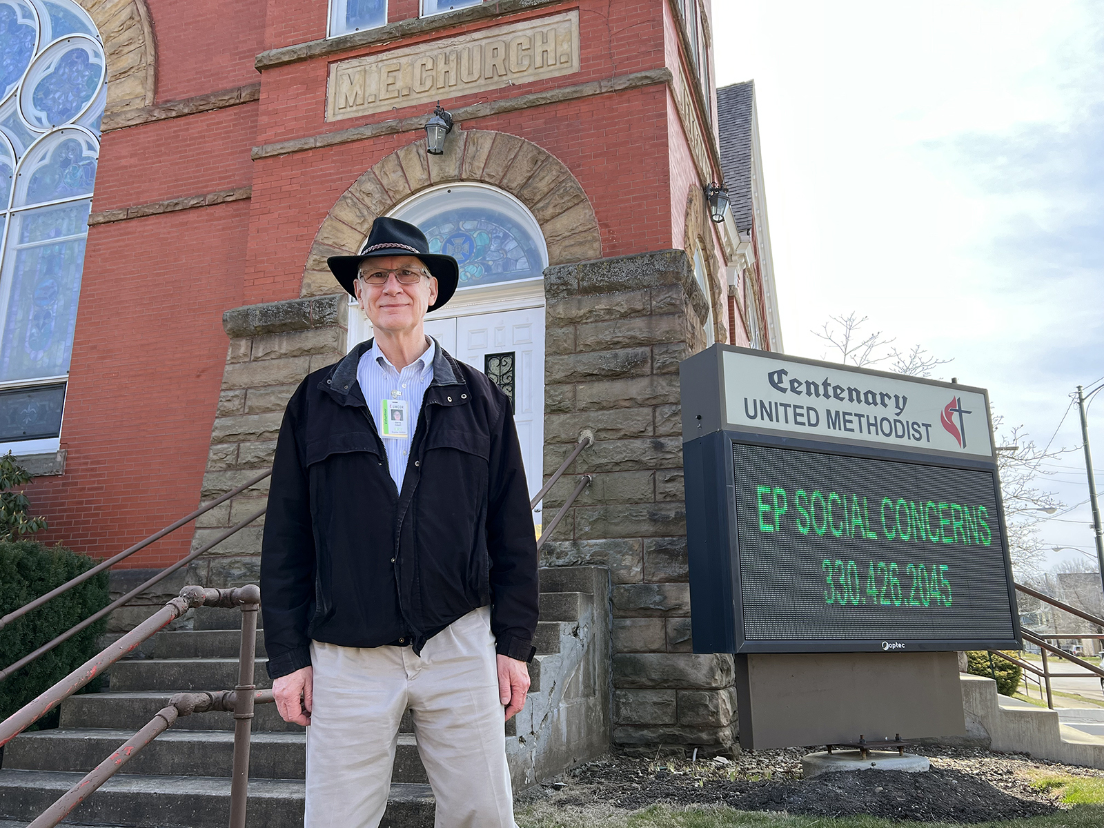 The Rev. Steve Court outside Centenary United Methodist Church in East Palestine, Ohio, on Tuesday, March 21, 2023. RNS photo by Kathryn Post
