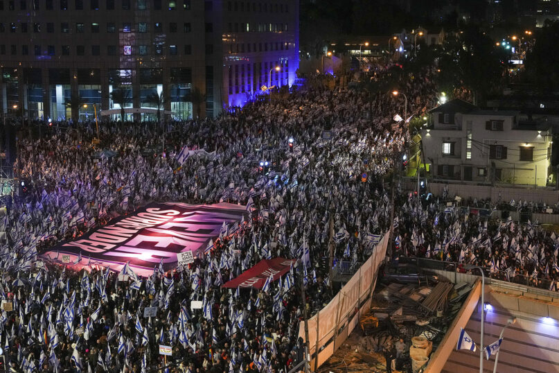 Israelis protest against plans by Prime Minister Benjamin Netanyahu’s government to overhaul the Israeli judicial system, in Tel Aviv, Israel, March 18, 2023. (AP Photo/Tsafrir Abayov)