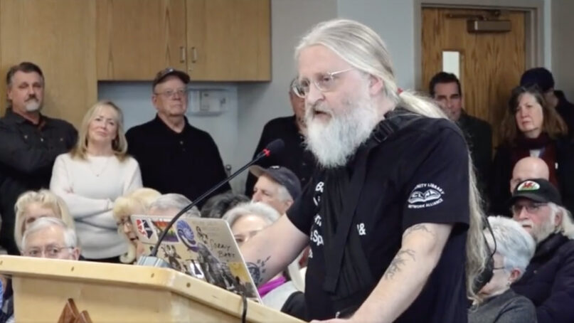Josiah Mannion speaks during a board meeting of the Community Library Network at the library in Post Falls, Idaho, in February 2023. Video screen grab via Twitter/@IdahoTribune