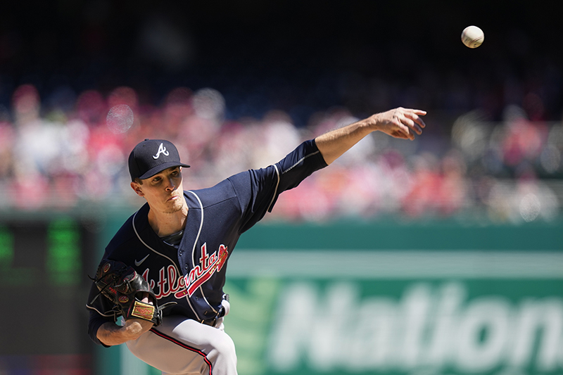 Atlanta Braves starting pitcher Max Fried throws to the Washington Nationals during the first inning of an MLB opening day game at Nationals Park, Thursday, March 30, 2023, in Washington. (AP Photo/Alex Brandon)