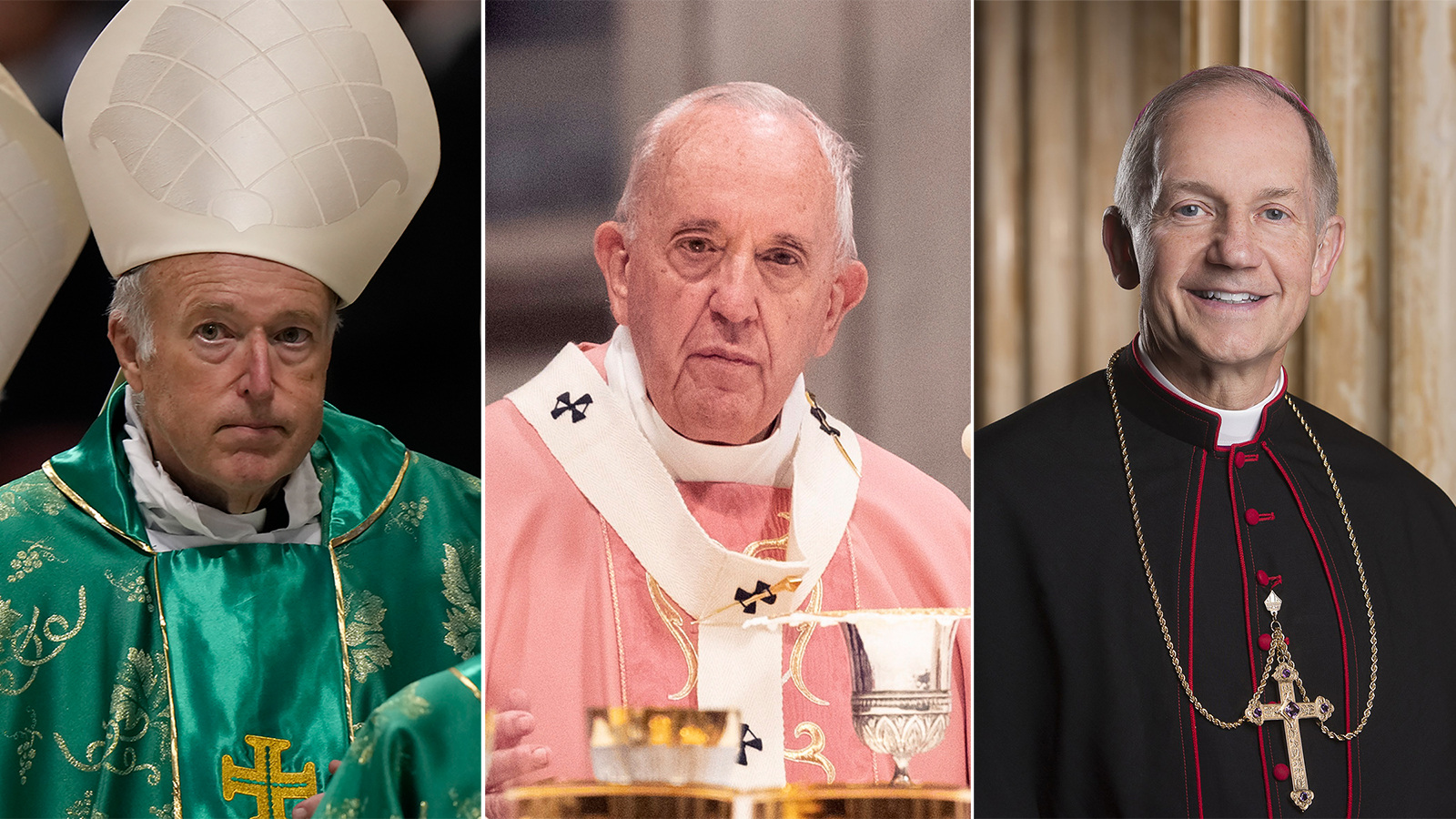 Cardinal Robert McElroy, from left, Pope Francis and Bishop Thomas Paprocki. (AP Photos; Courtesy of the Diocese of Springfield in Illinois)