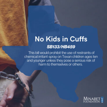 A graphic from "No Kids in Cuffs" campaign, one of the Minaret Foundation's policies that advocates for child welfare in public schools. Image courtesy of the Minaret Foundation