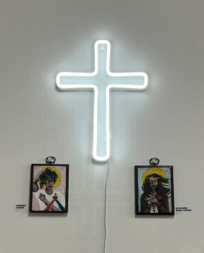 Artist Gracie Morbitzer's first two modern saints icons on display in Columbus, Ohio, studio on Feb. 27, 2023. RNS photo by Kathryn Post