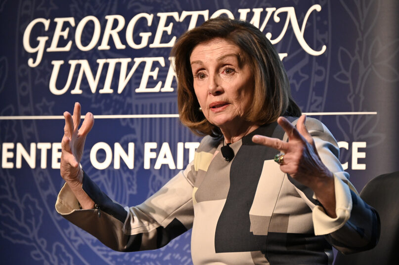 Former House Speaker Nancy Pelosi speaks at Georgetown University’s Center on Faith and Justice, March 23, 2023, in Washington. RNS photo by Jack Jenkins